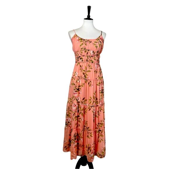 Lost + Wonder Maxi Dress Smocked Tiered Chiffon Peach Floral Women’s Size Medium - Picture 1 of 14